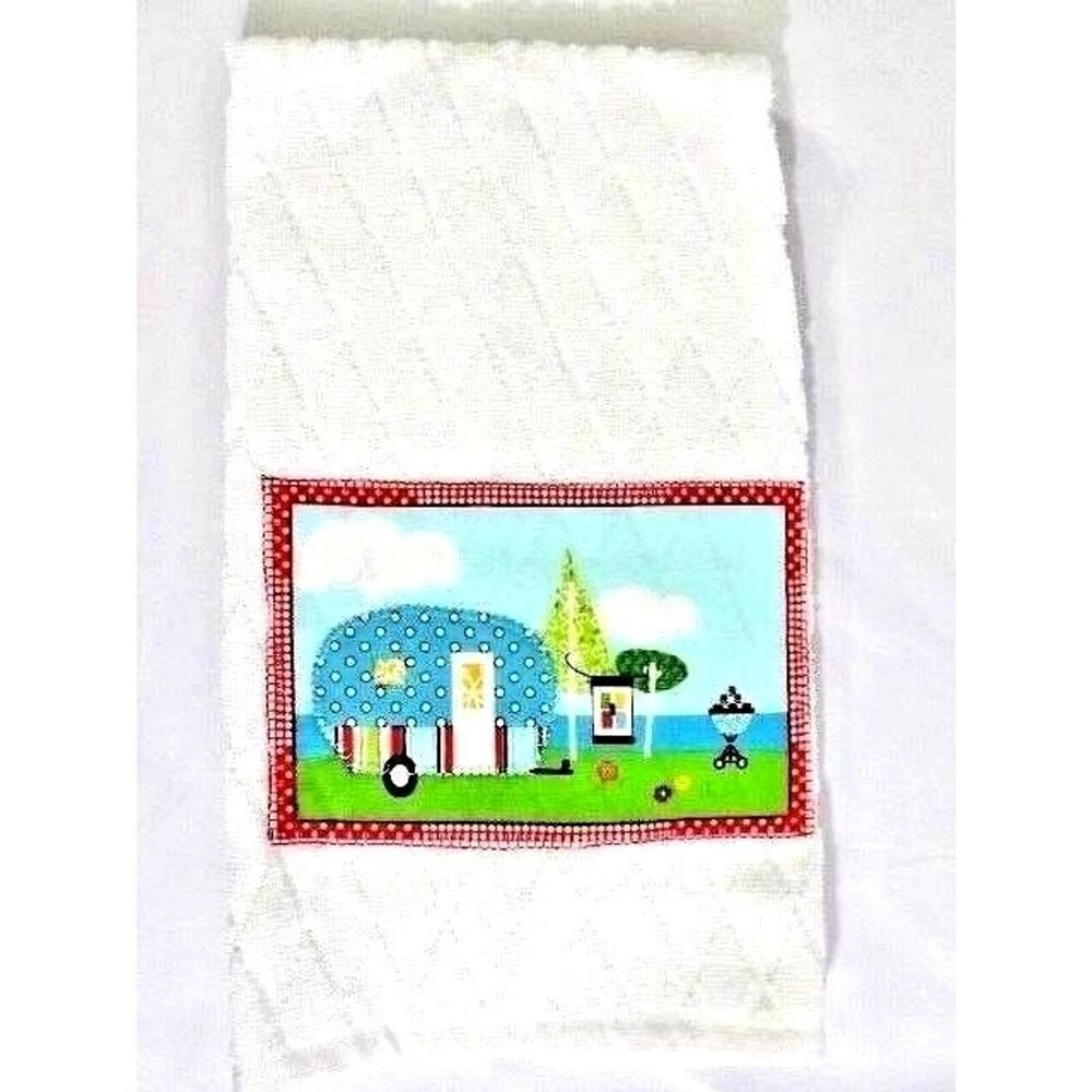 Retro Camper Dots Kitchen Towel Handmade Applique Diamond Weave Cotton Gift NEW